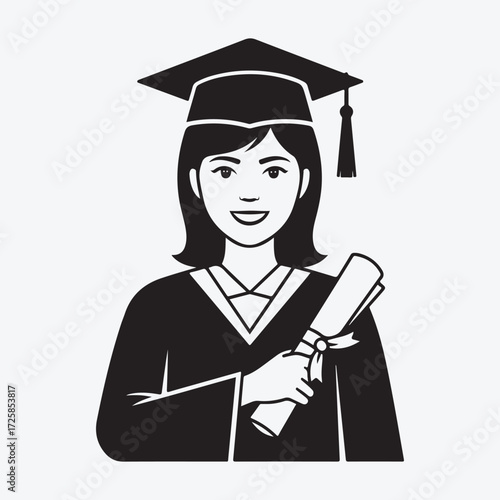 Vector art of happy female graduate in cap and gown holding a diploma scroll, celebrating success