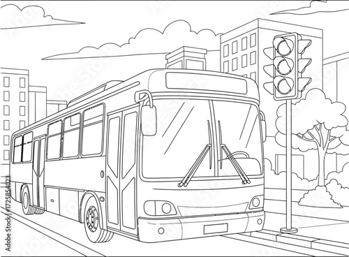 City Bus at Red Traffic Light - Urban Transportation Scene Line Art Illustration
