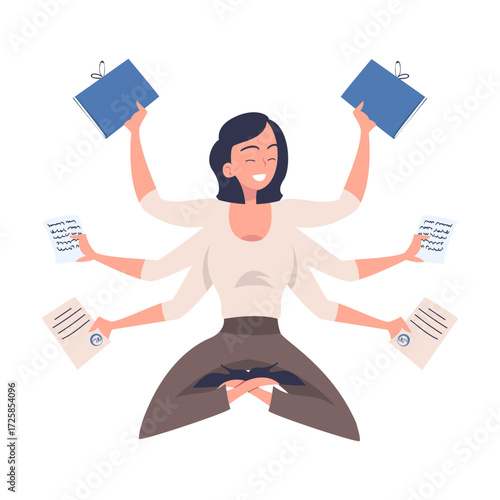 Multitasking Woman Office Employee Character with Many Hands Vector Illustration
