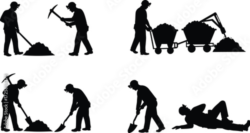 Mining workers silhouettes, excavation labor, industrial teamwork, shovel and pickaxe, coal cart, construction site, hard work, 