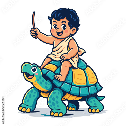 Vintage cartoon kid riding a turtle vector illustration