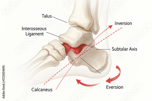 Anatomical illustration of ankle inversion and eversion movements, highlighting the subtalar axis and key ligaments.