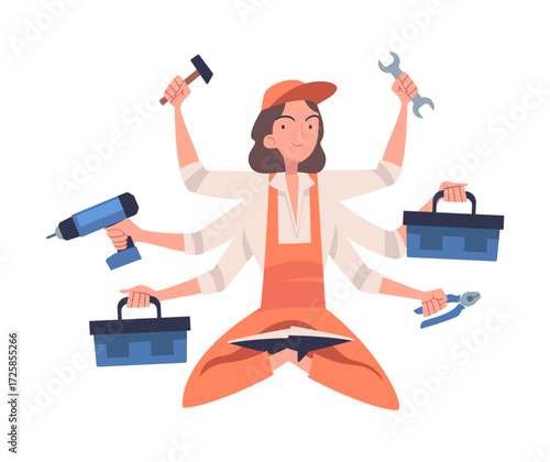 Multitasking Woman Repair Character with Many Hands Vector Illustration