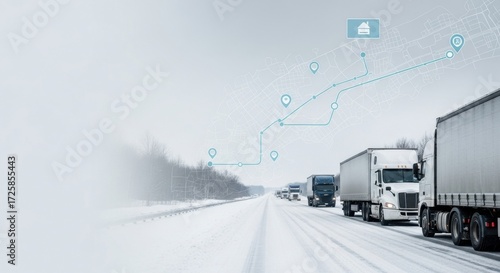 Trucks driving on a snow-covered highway during winter with a navigation map overlay, illustrating logistics and transportation in cold weather conditions, vector illustration