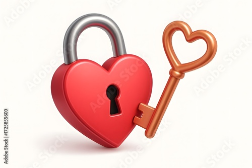 3D Illustration of a Red Heart-Shaped Padlock with a Golden Heart Key on a Light Background, Representing Love, Romance, and Emotional Security