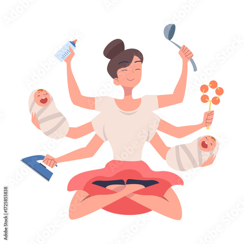 Multitasking Woman Babysitter Character with Many Hands Vector Illustration