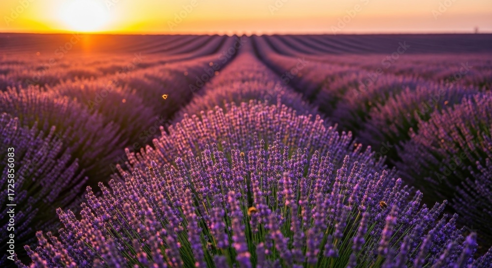 Obraz premium Vibrant purple lavender field blooming in endless rows under a spectacular golden sunset, creating a serene and picturesque summer evening landscape scene.