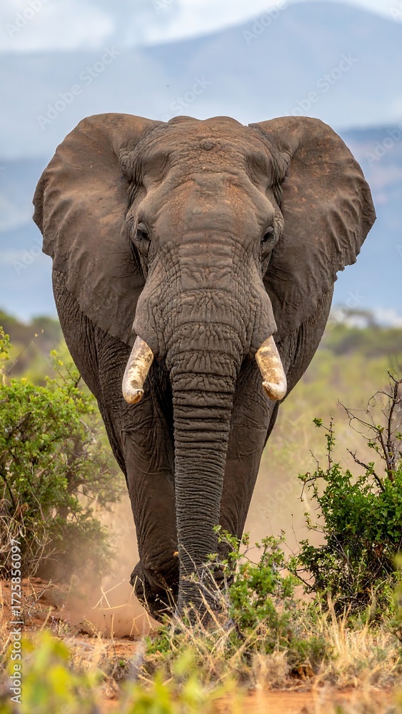 Fototapeta premium A large African elephant walks towards the camera, dust rising from its feet