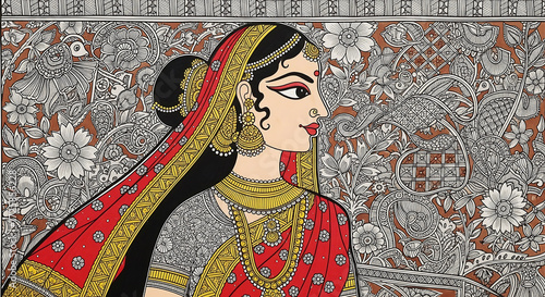 Intricate indian miniature painting depicting a regal woman adorned in vibrant traditional attire and jewelry