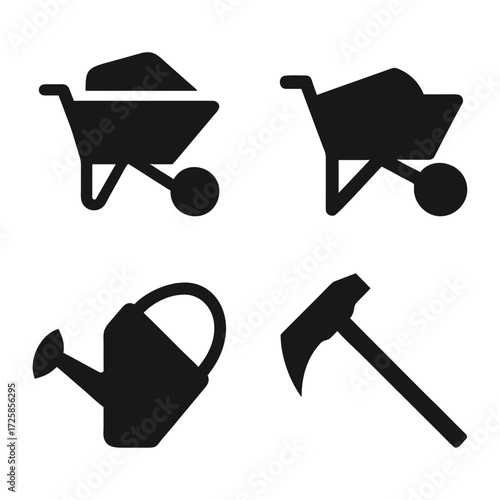 Garden and Construction Tool Silhouette Icons: Wheelbarrow, Watering Can, Pickaxe Vector Set

Add to chat
