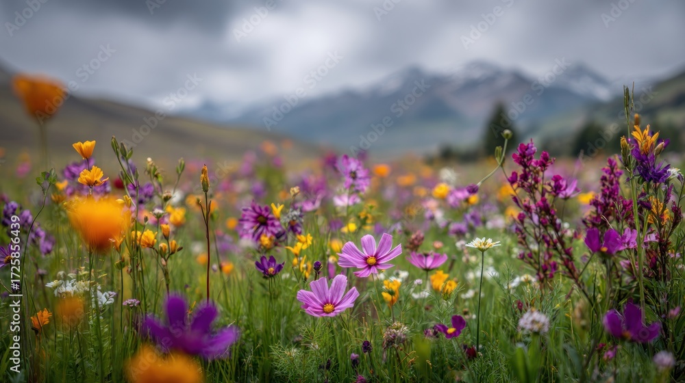 Obraz premium Vibrant Wildflower Meadow with Mountains in the Background Capturing Nature's Beauty in Full Bloom