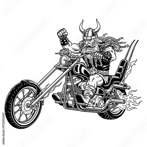A cartoon Viking with a horned helmet rides a chopper motorcycle, fist raised, flames coming from the exhaust.