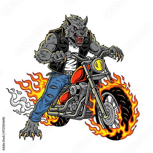A werewolf character rides a motorcycle engulfed in flames, wearing jeans and a leather jacket.