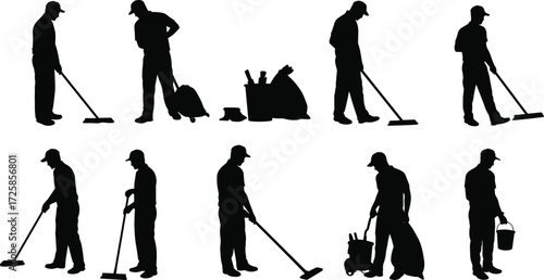 Silhouette of janitors cleaning with tools, vacuum, mop, bucket, trash bag, and equipment, professional cleaner workers isolated on whiteSilhouette 