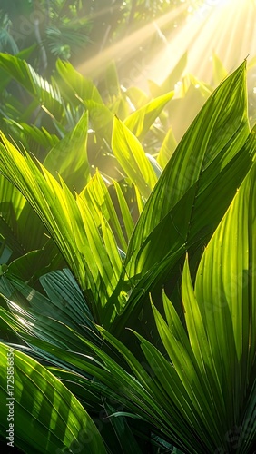 Lush tropical foliage bathed in sunlight