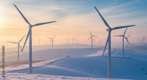 Wallpaper Mural Winter Wind Farm: Turbines on Snow-Covered Hills Harnessing Clean Energy, Renewable Power Generation, Sustainable Future, and Eco-Friendly Landscape at Dusk Torontodigital.ca