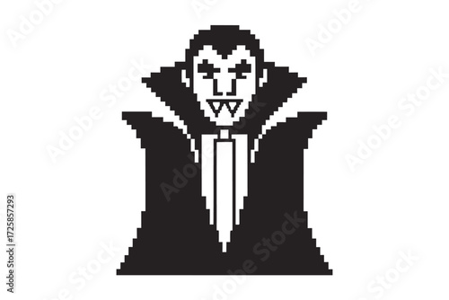 Pixelated black and white vampire with pointy teeth in a classic cape appears
