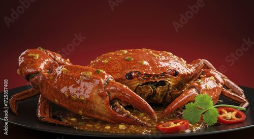 Glossy Chili Crab on Dark Plate, Red Background
