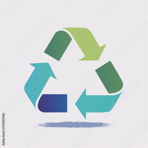 A stylized recycling symbol with three arrows forming a triangle, rendered in shades of green, blue, and teal, set against a light gray background with a subtle watercolor brushstroke at the base.