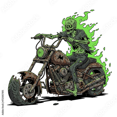 A decaying, rusted motorcycle with a glowing green zombie rider.
