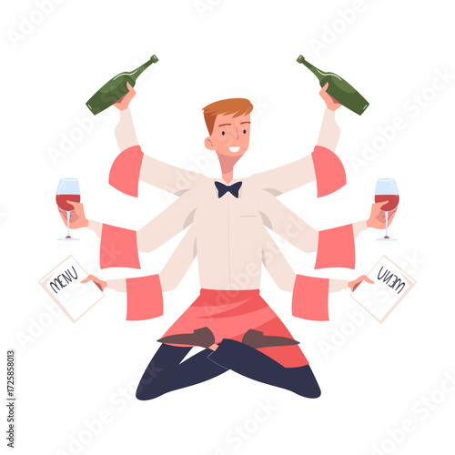 Multitasking Man Waiter Character with Many Hands Vector Illustration