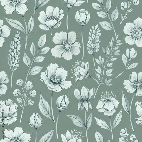 Watercolor floral pattern of hand-painted wildflowers and sprawling leaves tied with a sheer ribbon on a bright white silk background, created for wallpaper and fabric, illuminated with diffused	