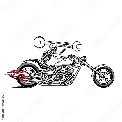 A skeleton rides a motorcycle with a wrench, flames erupting from the exhaust.