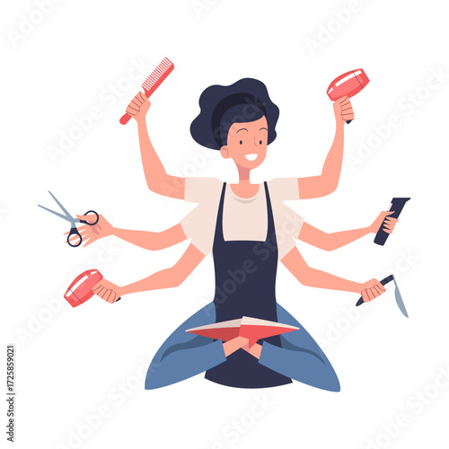 Multitasking Woman Hairdresser Character with Many Hands Vector Illustration