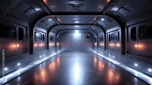 The interior corridor of the future science and technology space station extends infinitely