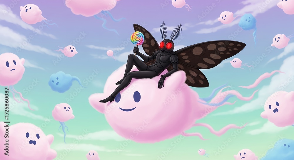 Naklejka premium Mothman Sitting on Cotton Candy Ghost Clouds in a Pastel Gradient Sky Holding a Lollipop
