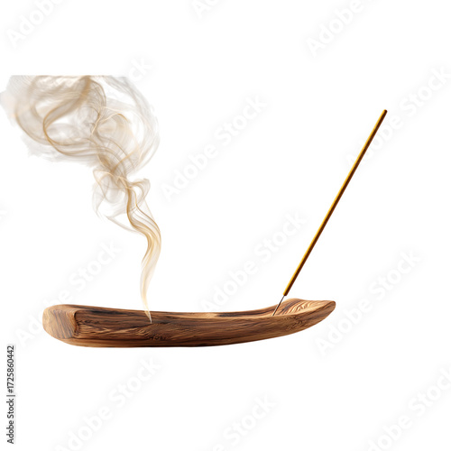Serene aroma of burning incense stick wafting gentle smoke in a smooth wooden holder, creating calming ambiance for meditation and relaxation.