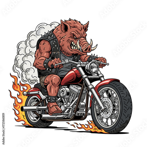 A muscular wild boar character rides a custom motorcycle, leaving a trail of smoke and flames.