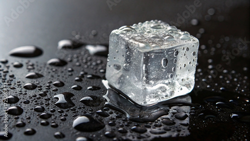 A single ice cube melting on black surface with water droplets, showcasing purity, contrast, and passing moments.