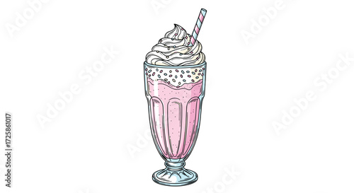A tall pink milkshake topped with whipped cream and sprinkles.