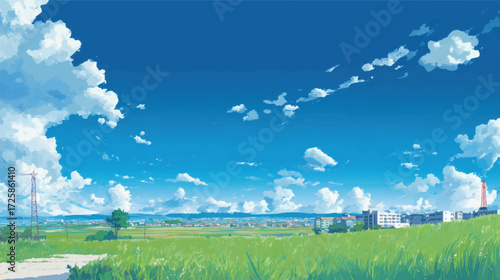 A serene landscape featuring a vast green field under a bright blue sky with fluffy white clouds, distant mountains, and a small town with buildings