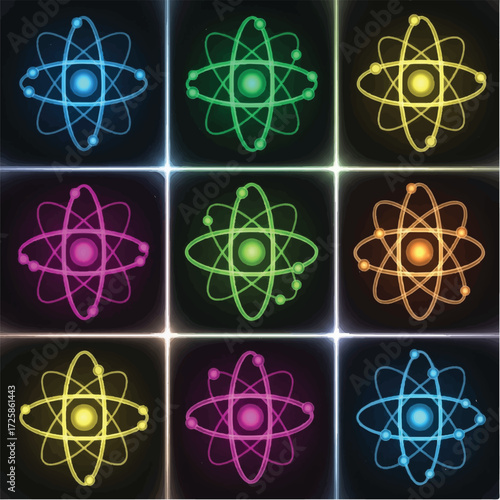 Abstract colorful atomic orbital models in a grid pattern symbolizing science and technology