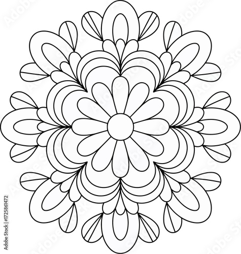 Intricate black and white floral mandala design with repeating circular motifs