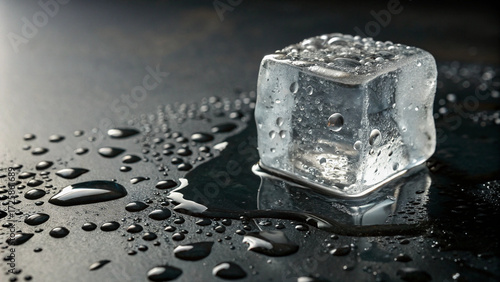 Close-up of melting ice cube with glistening droplets on a smooth dark background, representing freshness and impermanence.

