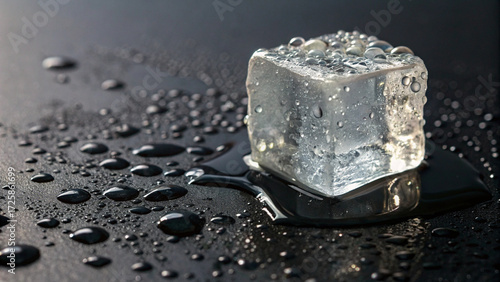 Transparent ice cube slowly melting with shiny droplets on a dark reflective surface, symbolizing coolness and fleeting time.