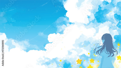 A serene illustration of a girl with long hair standing against a bright blue sky filled with fluffy clouds and scattered stars