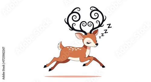 A whimsical illustration of a cute deer with elaborate antlers peacefully sleeping while running.