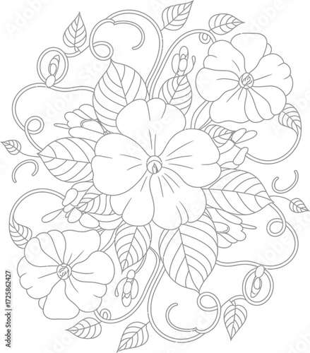Intricate floral design with detailed blossoms and swirling vines illustration