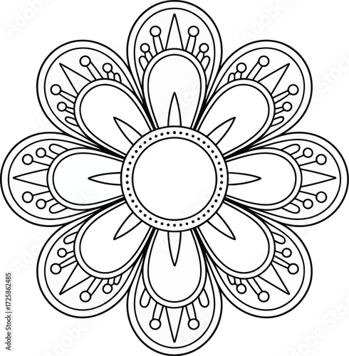 Intricate floral design a black and white circular pattern with detailed symmetry