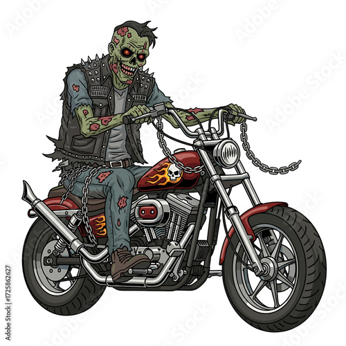 A zombie biker rides a custom motorcycle, sporting a punk aesthetic.