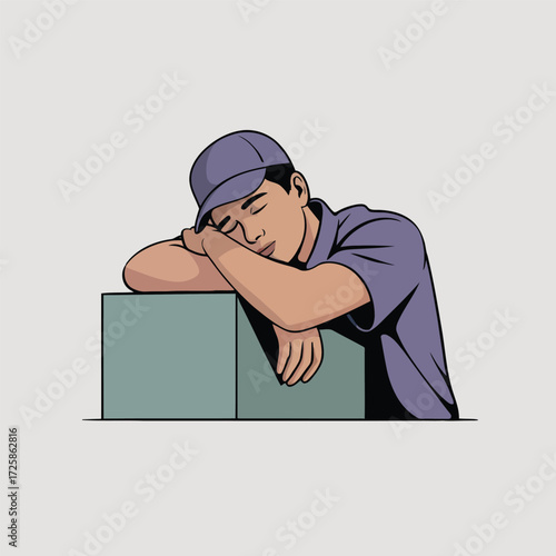 Tired Delivery Man in a Cap Sleeping on a Box Illustration