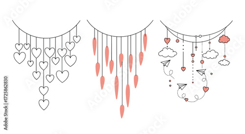 Charming mobile decorations featuring hearts feathers and whimsical shapes.