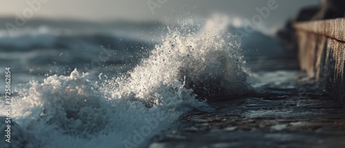 Fototapeta Naklejka Na Ścianę i Meble -  Powerful ocean wave crashing against a concrete pier at sunset, creating a dynamic splash and showcasing the raw energy and beauty of the sea Coastal scenery