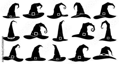 set vector halloween witch hats silhouettes