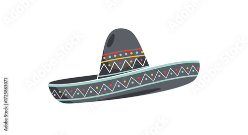 A black sombrero hat with colorful patterned decorations and a wide brim.