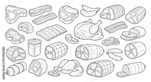 An assortment of various cuts of meat and poultry laid out on a white background.